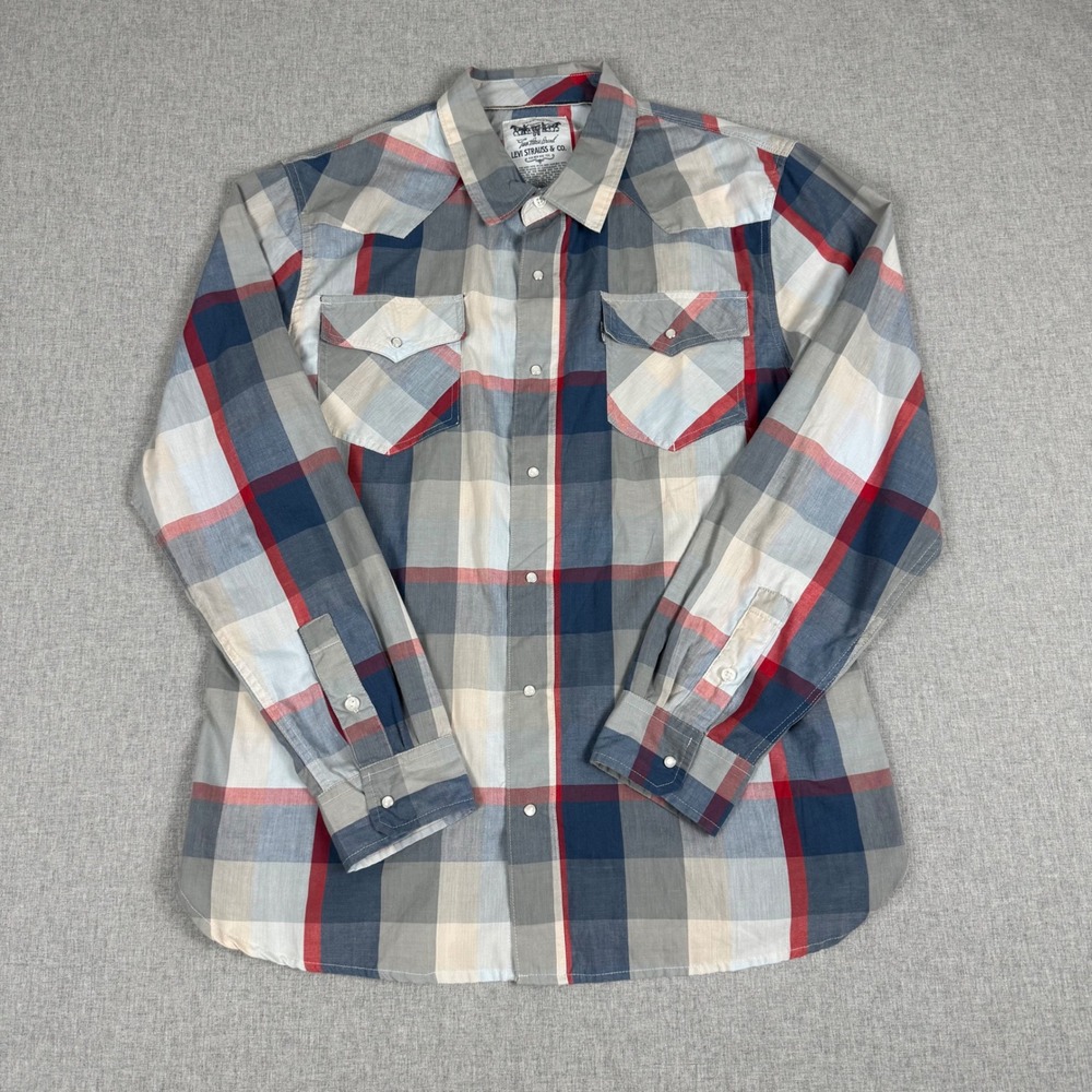 Levi Strauss & Co Mens XL Plaid Pearl Snap Western Shirt Blue Red Gray Cotton